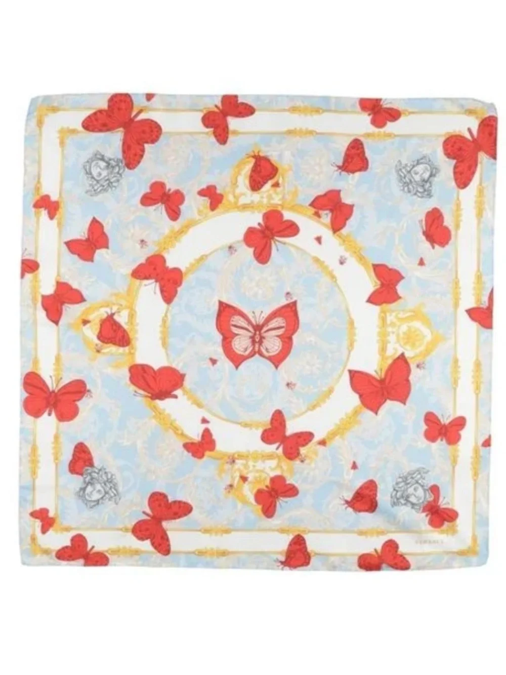 Versace 100% Silk Scarf in Sky Blue w/Coral Butterflies & Medusa NEW in Box